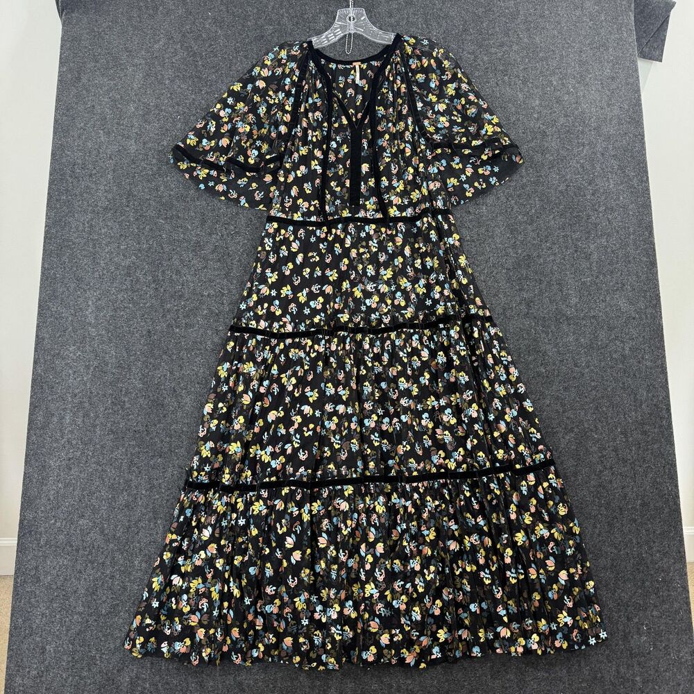 Free People Practical Magical Dress Women's XS Black Floral Mesh Maxi Boho Swing